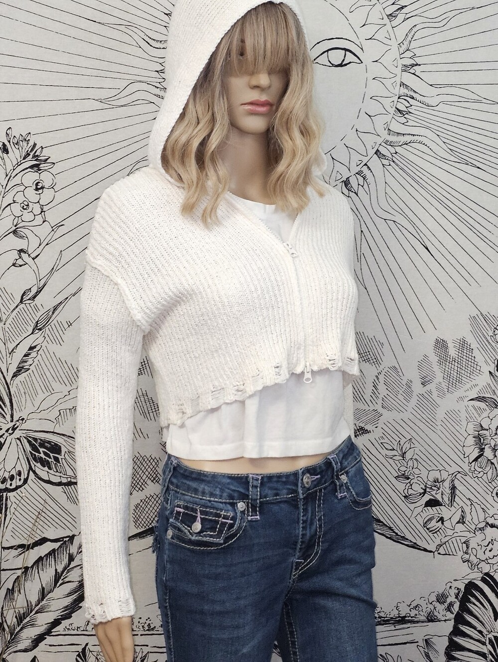 NWT Moon & Madison Cropped Hooded Ribbed Distressed Knit Sweater - Ivory XS